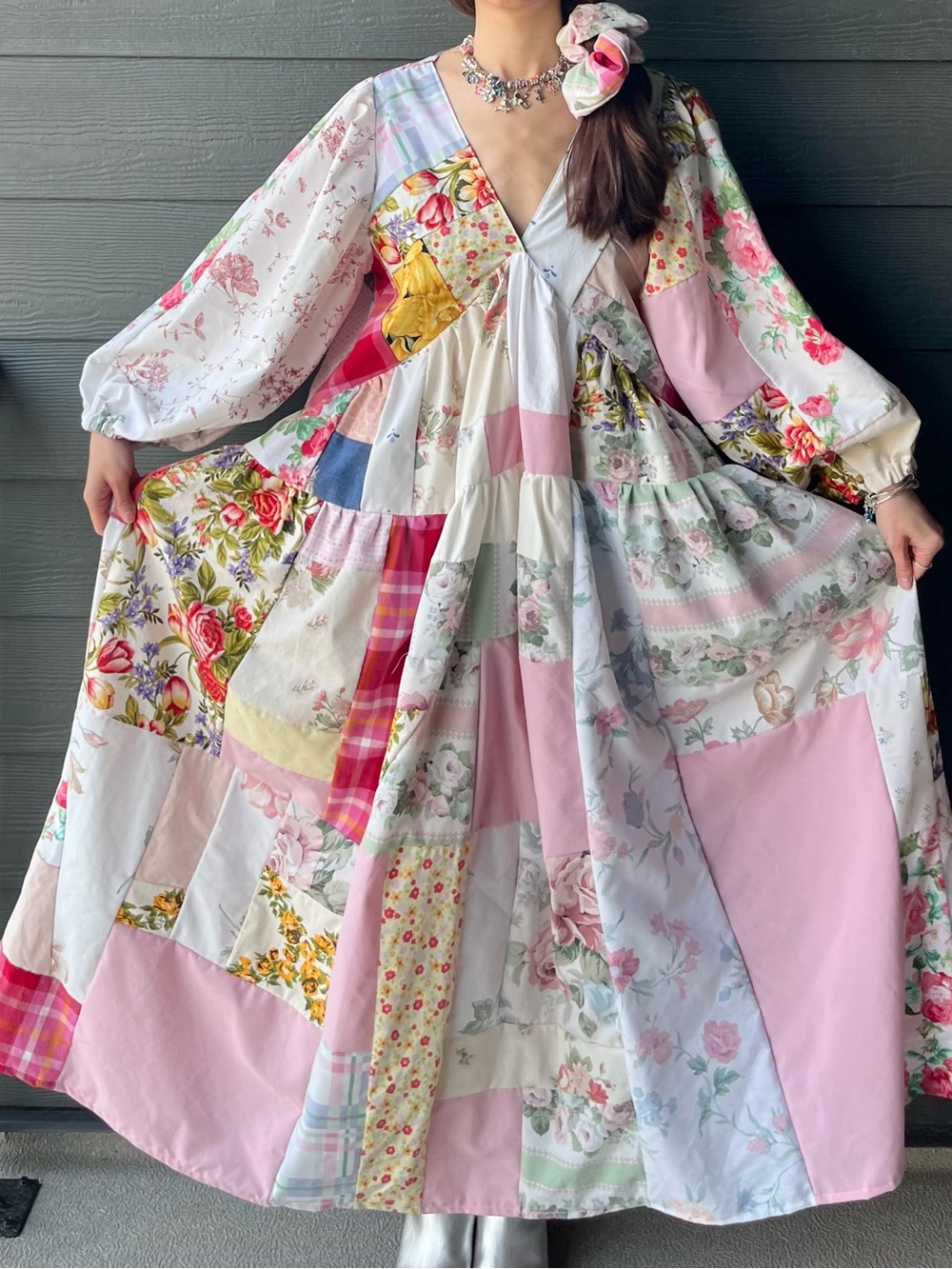 Cloudy Dress | Handmade V-Neck Patchwork Dress in Rose Canvas SKU 08221